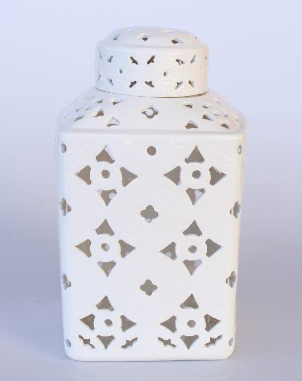 Large White Cut-Out Square Jar With Lid